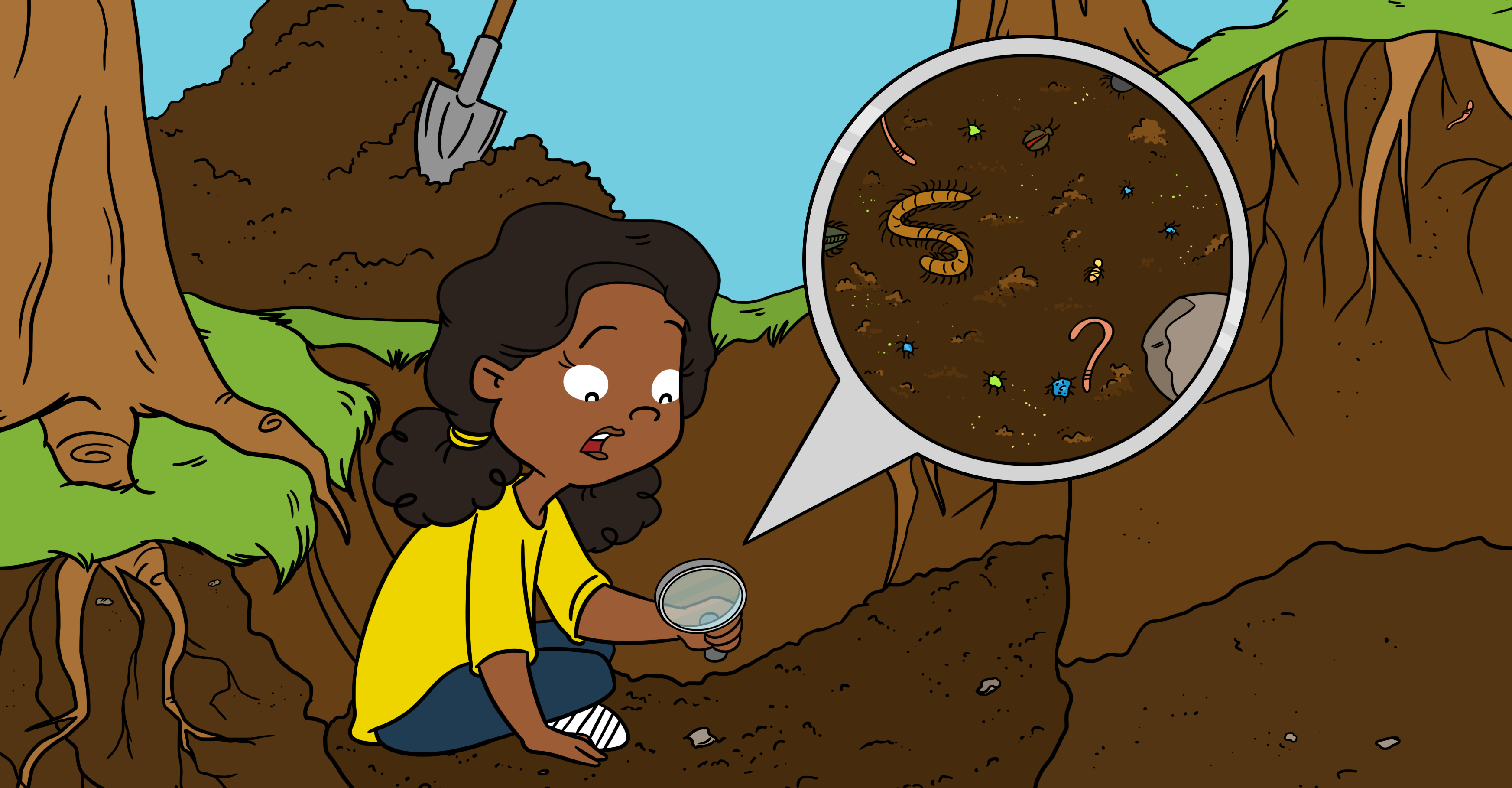 Illustration of a girl kneeling by a dug-out patch of forest soil, examining it with a magnifying glass that reveals earthworms, millipedes, mites and beetles living underground
