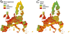 Figuur 2: Kaarten van risicos voor bodemmicro-organismen en -fauna in 27 landen van de Europese Unie, gebaseerd op gegevens verzameld in 2016.