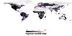 आकृती २ - ह आमच्या मॉडेलचा वापर करून जगभरातील गांडुळांच्या प्रजातींची संख्या तयार केली. एकूण १८०